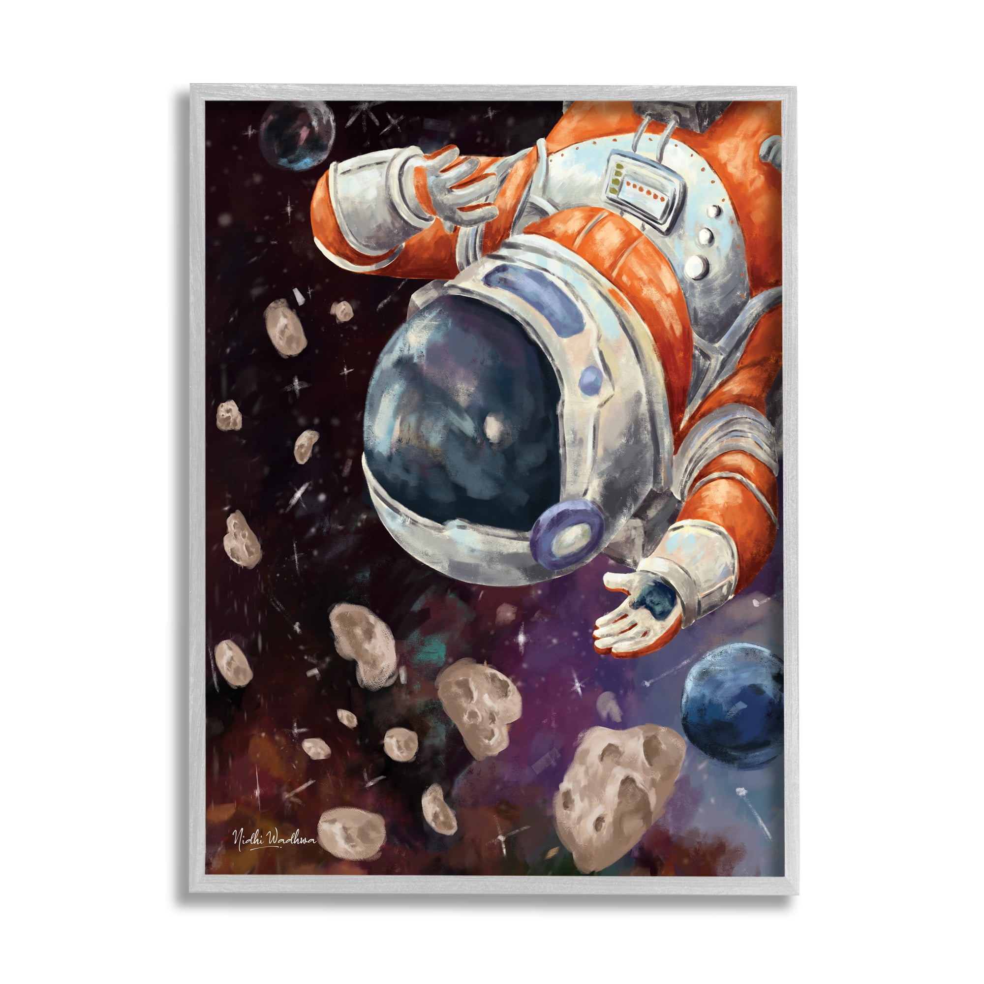 Stupell Industries Astronaut & Space Asteroids Art for Kids Painting Gray Framed Art Print Wall Art, 16 x 20