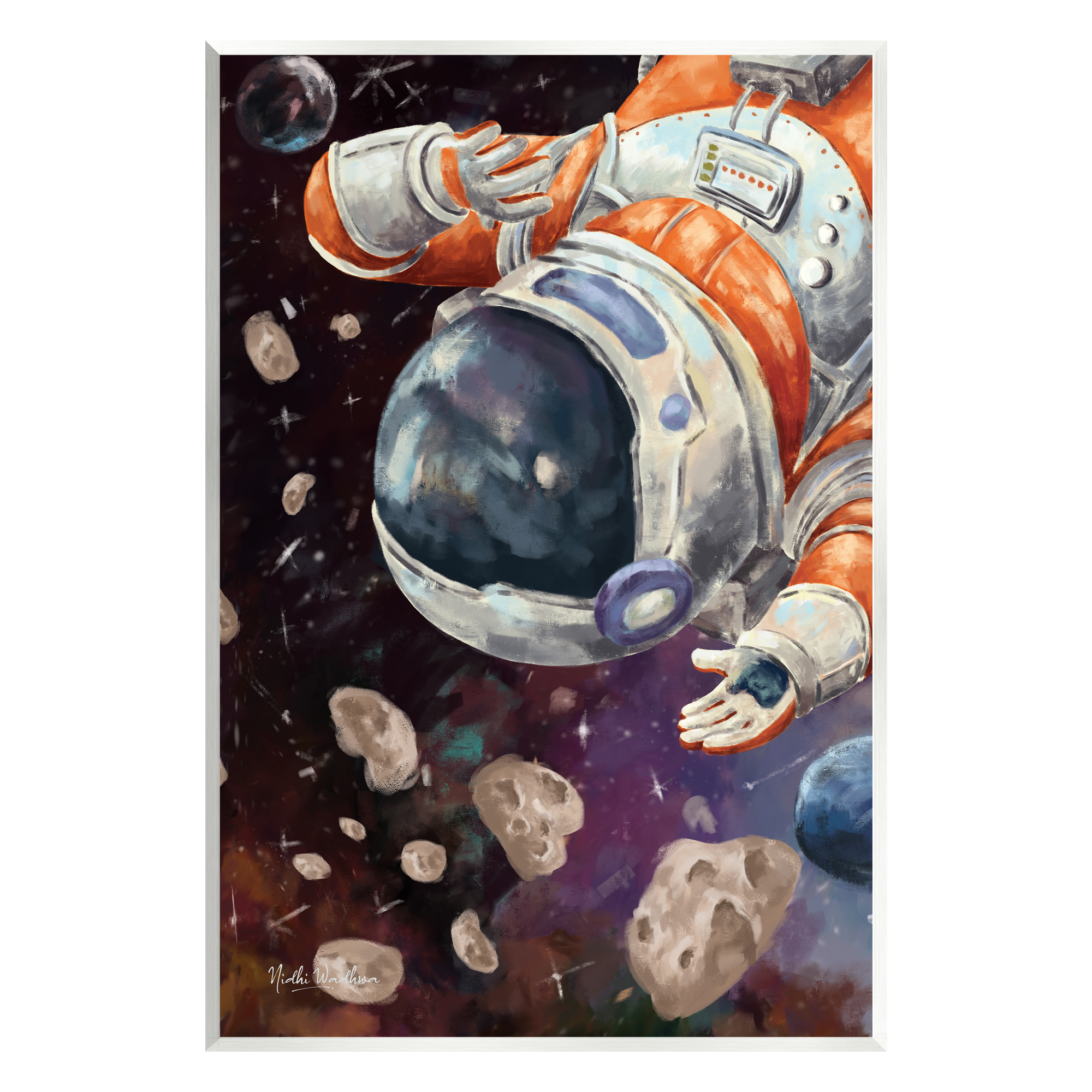 Stupell Industries Astronaut & Space Asteroids Art for Kids Painting Unframed Art Print Wall Art, 13 x 19