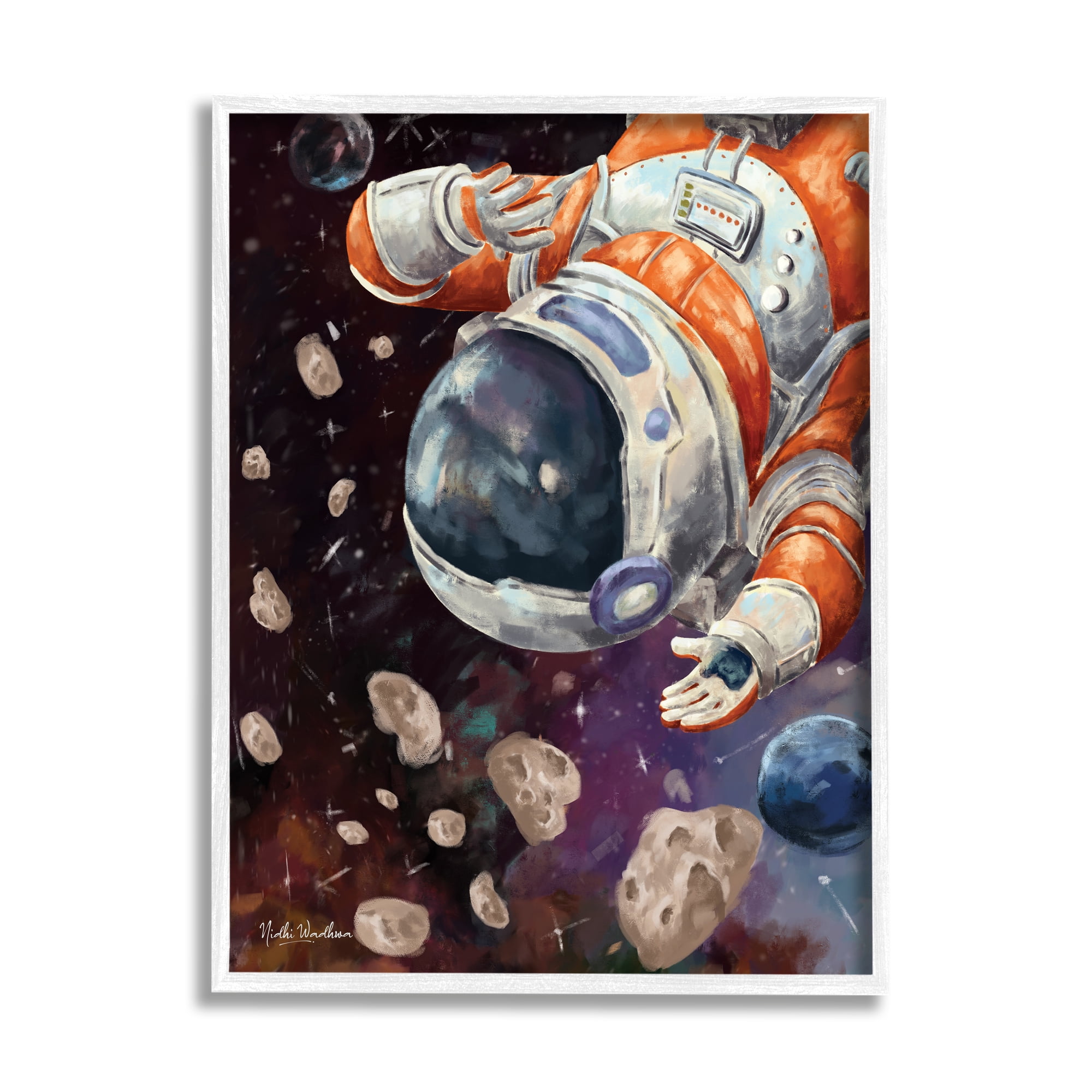 Stupell Industries Astronaut & Space Asteroids Art for Kids Painting White Framed Art Print Wall Art, 24 x 30