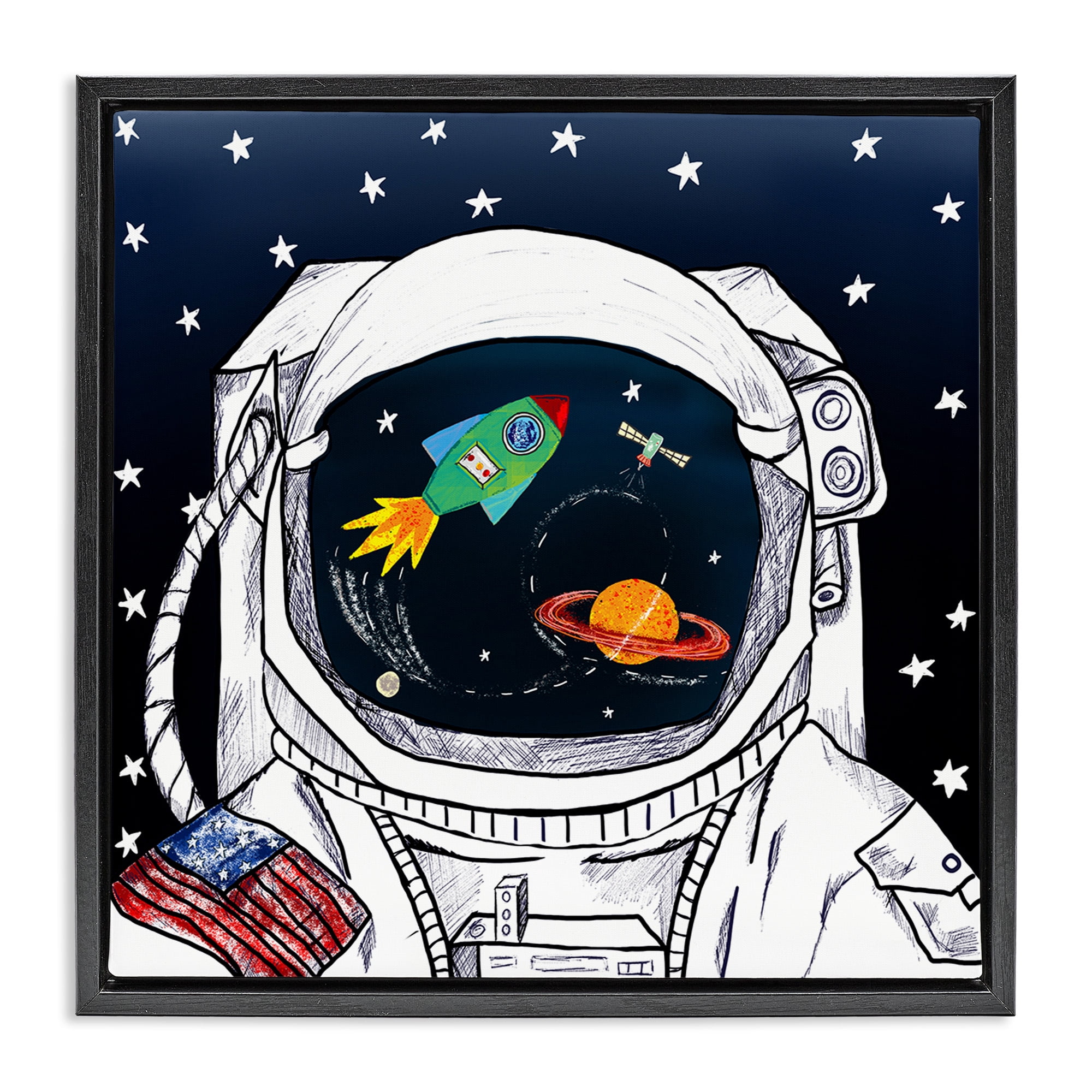 Stupell Industries Astronaut Space Suit Galaxy Fairy Tales & Fantasy Painting Black Floater Framed Canvas Art Print Wall Art, 25 x 25