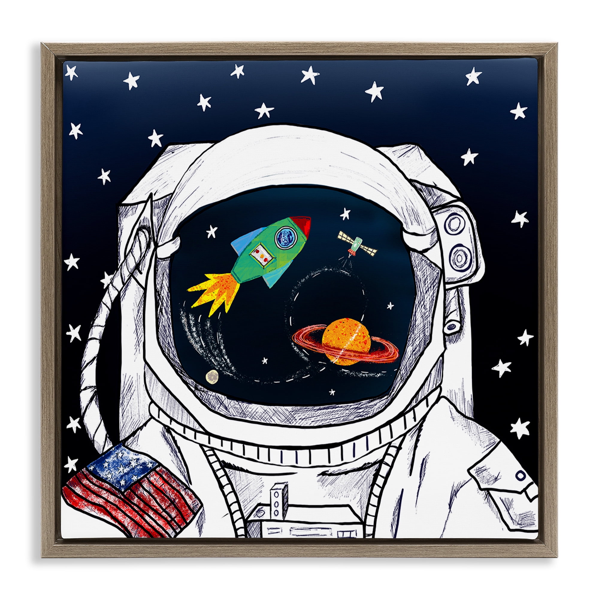 Stupell Industries Astronaut Space Suit Galaxy Fairy Tales & Fantasy Painting Brown Floater Framed Canvas Art Print Wall Art, 18 x 18