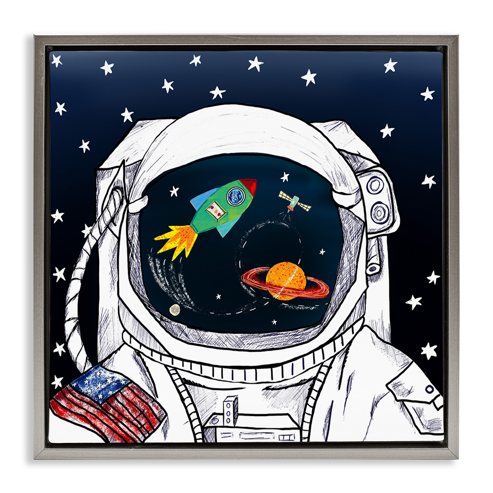 Stupell Industries Astronaut Space Suit Galaxy Fairy Tales & Fantasy Painting Gray Floater Framed Canvas Art Print Wall Art, 25 x 25