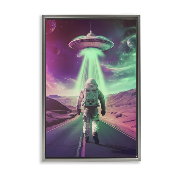 Stupell Industries Astronaut Walking Toward UFO Fantasy & Sci-Fi Painting Gray Floater Framed Canvas Art Print Wall Art, 17 x 25