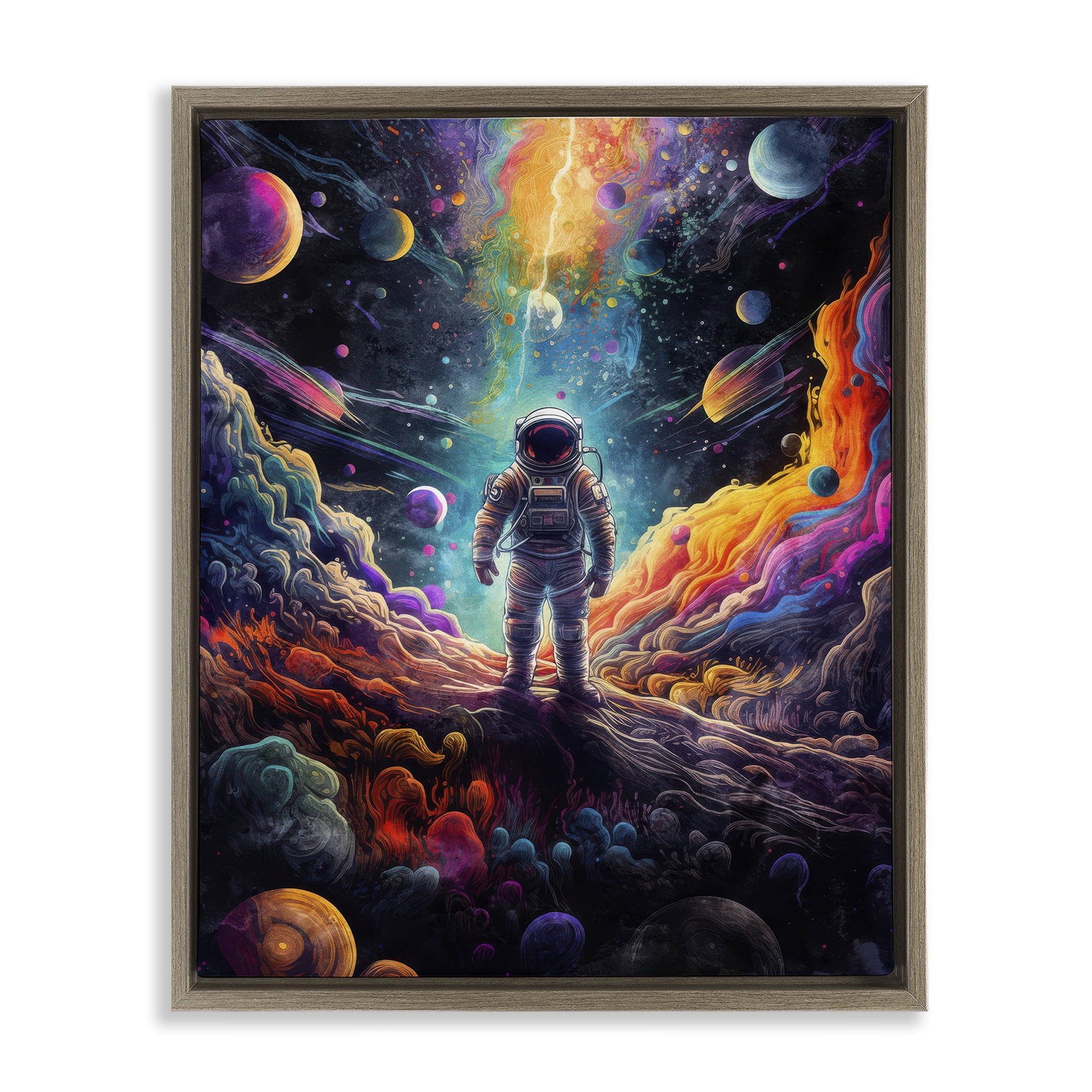 Stupell Industries Astronaut on Planet Terrain Astrology & Stars Painting Brown Floater Framed Canvas Art Print Wall Art, 25 x 31