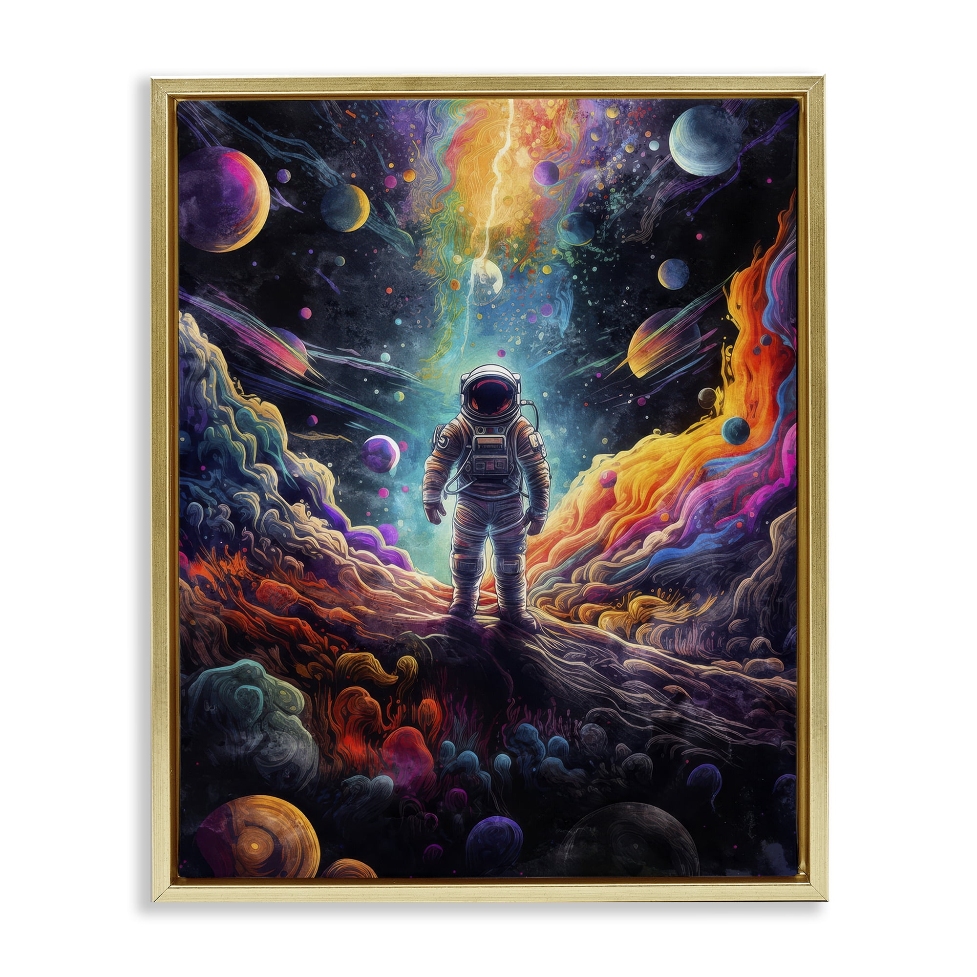 Stupell Industries Astronaut on Planet Terrain Astrology & Stars Painting Gold Floater Framed Canvas Art Print Wall Art, 17 x 21