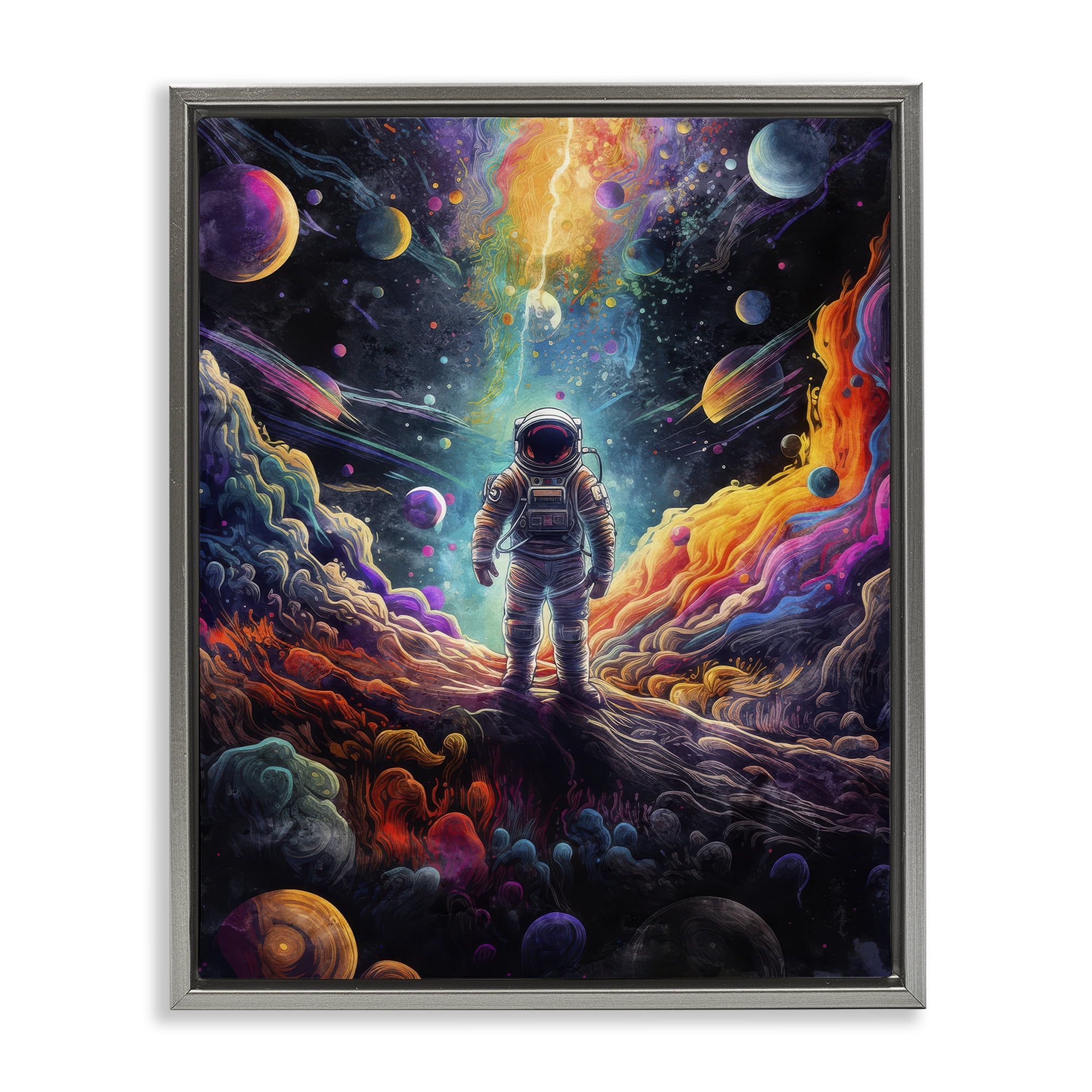 Stupell Industries Astronaut on Planet Terrain Astrology & Stars Painting Gray Floater Framed Canvas Art Print Wall Art, 25 x 31