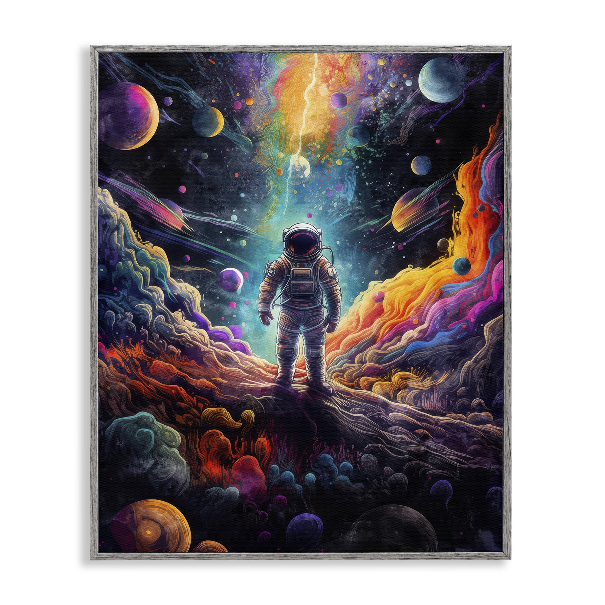 Stupell Industries Astronaut on Planet Terrain Astrology & Stars Painting Gray Framed Art Print Wall Art, 11 x 14