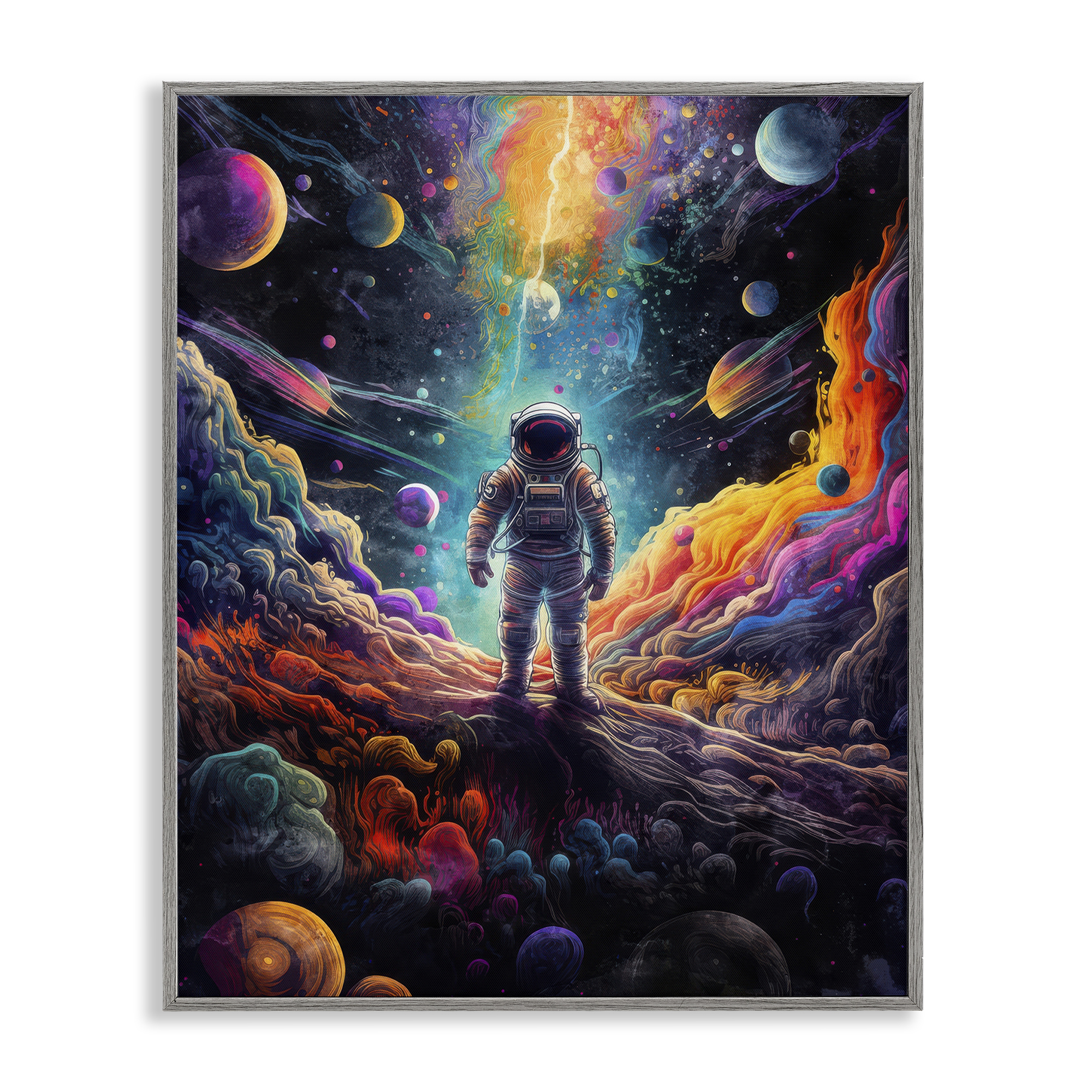 Stupell Industries Astronaut on Planet Terrain Astrology & Stars Painting Gray Framed Art Print Wall Art, 24 x 30