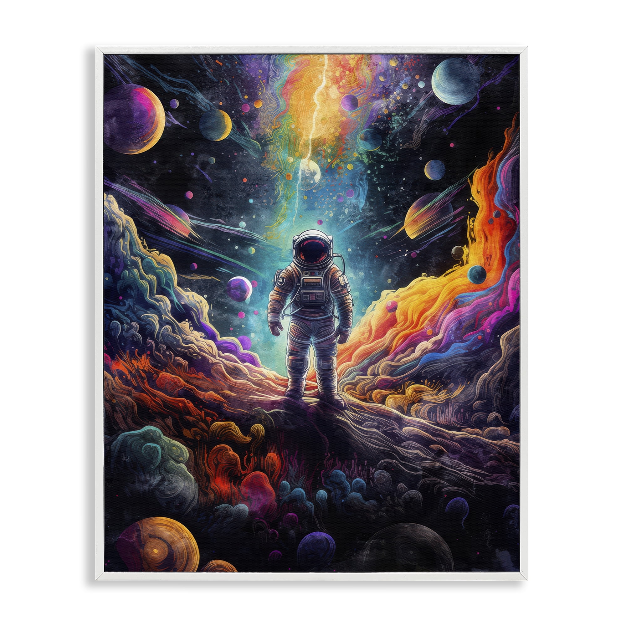 Stupell Industries Astronaut on Planet Terrain Astrology & Stars Painting White Framed Art Print Wall Art, 11 x 14