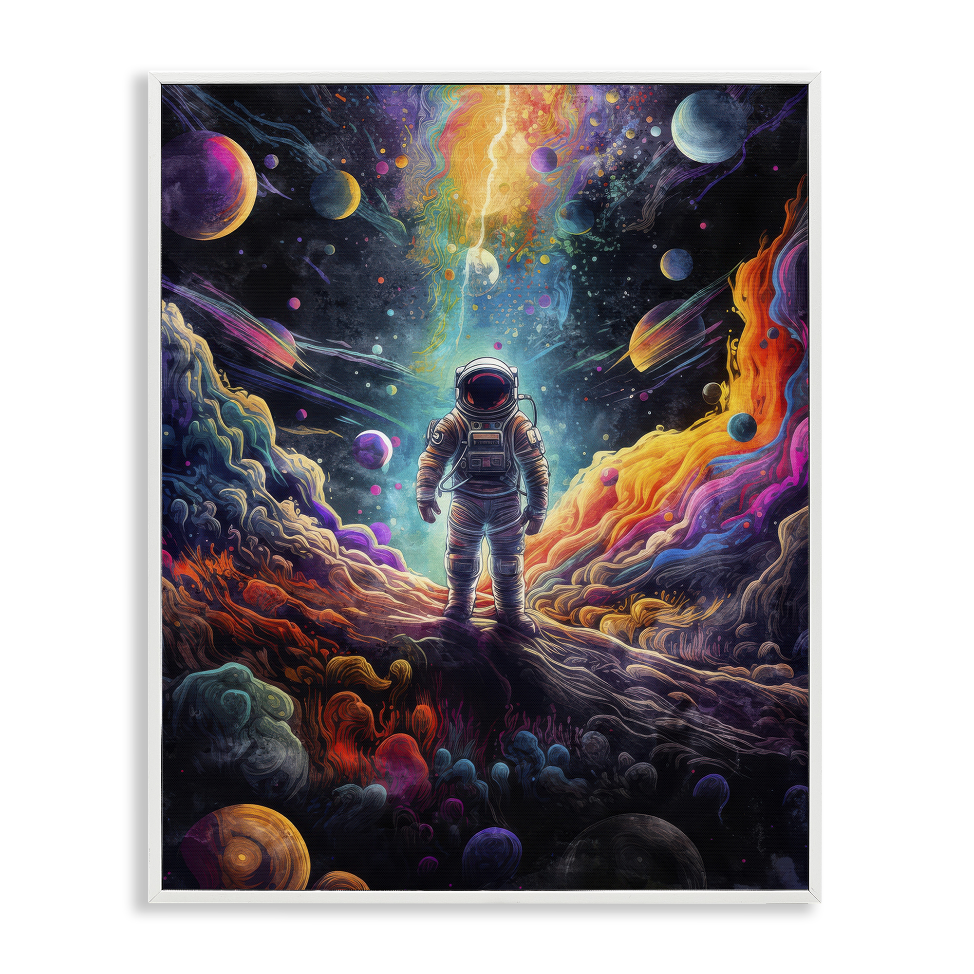 Stupell Industries Astronaut on Planet Terrain Astrology & Stars Painting White Framed Art Print Wall Art, 16 x 20