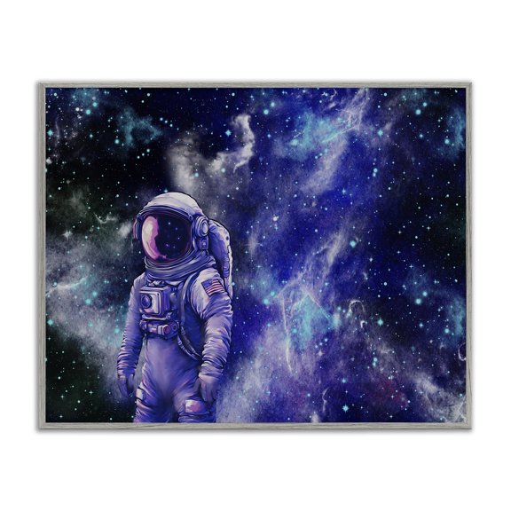 Stupell Industries Astronaut with Blue Nebula Outer Space Painting Gray Framed Art Print Wall Art, 20 x 16