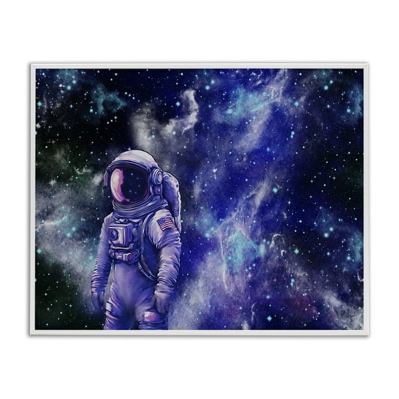 Stupell Industries Astronaut with Blue Nebula Outer Space Painting White Framed Art Print Wall Art, 30 x 24