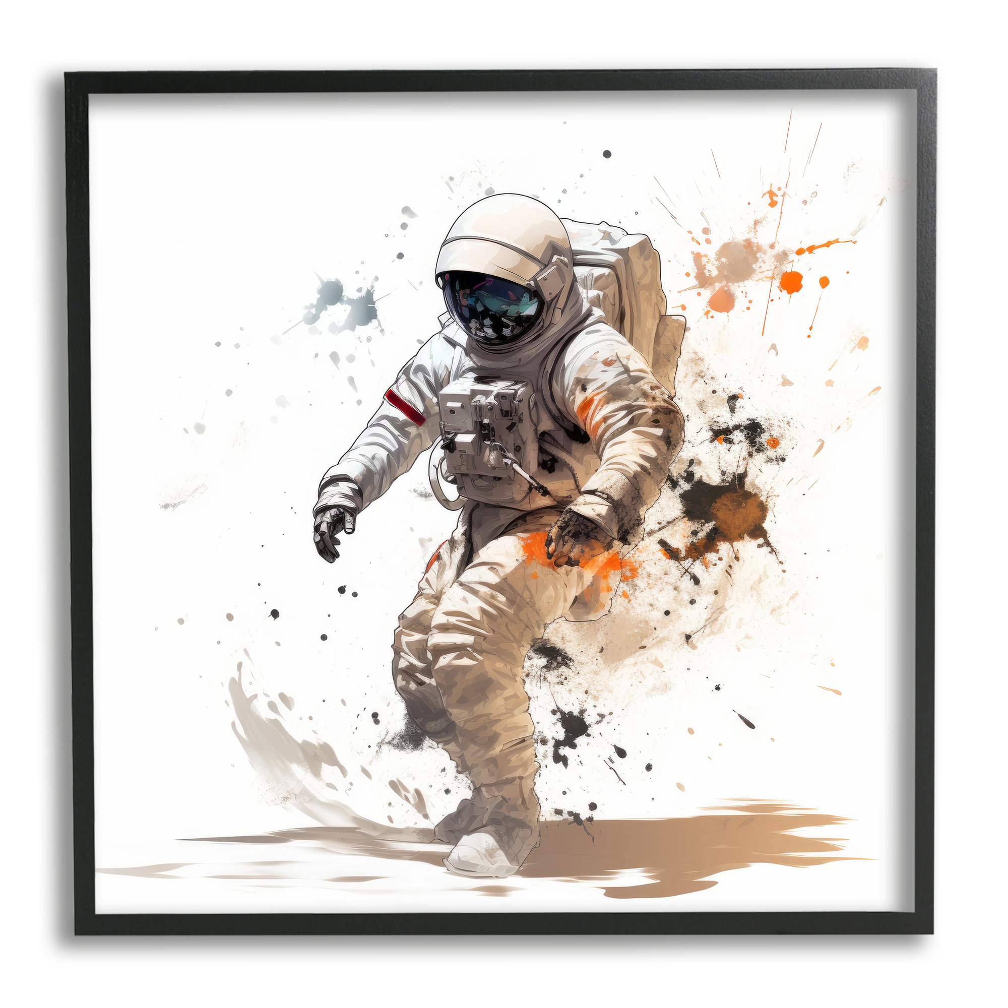 Stupell Industries Astronaut with Modern Splash Abstract Painting Black Framed Art Print Wall Art, 24 x 24