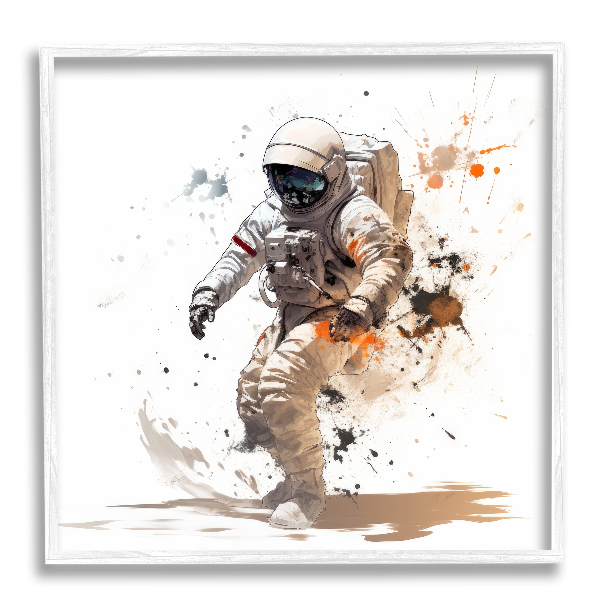 Stupell Industries Astronaut with Modern Splash Abstract Painting White Framed Art Print Wall Art, 12 x 12
