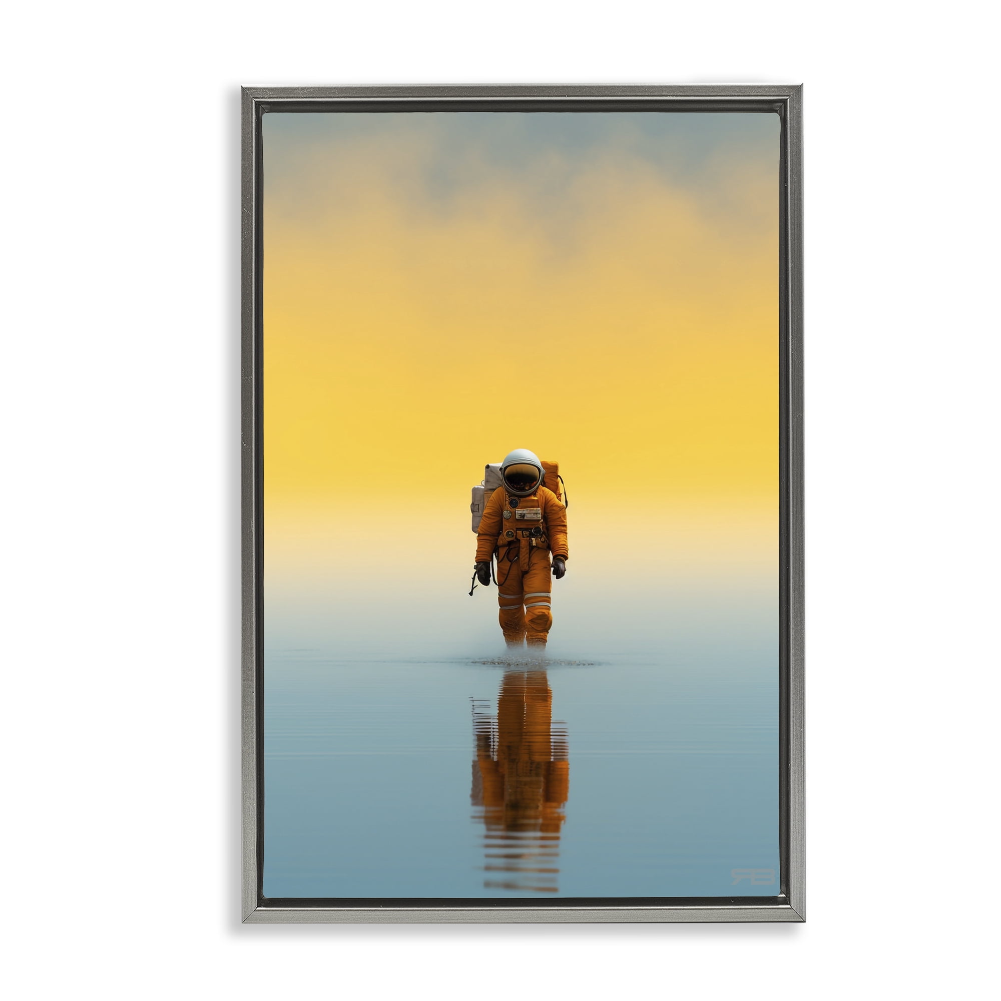 Stupell Industries Astronaut with Ombre Sunset People Painting Gray Floater Framed Canvas Art Print Wall Art, 21 x 31