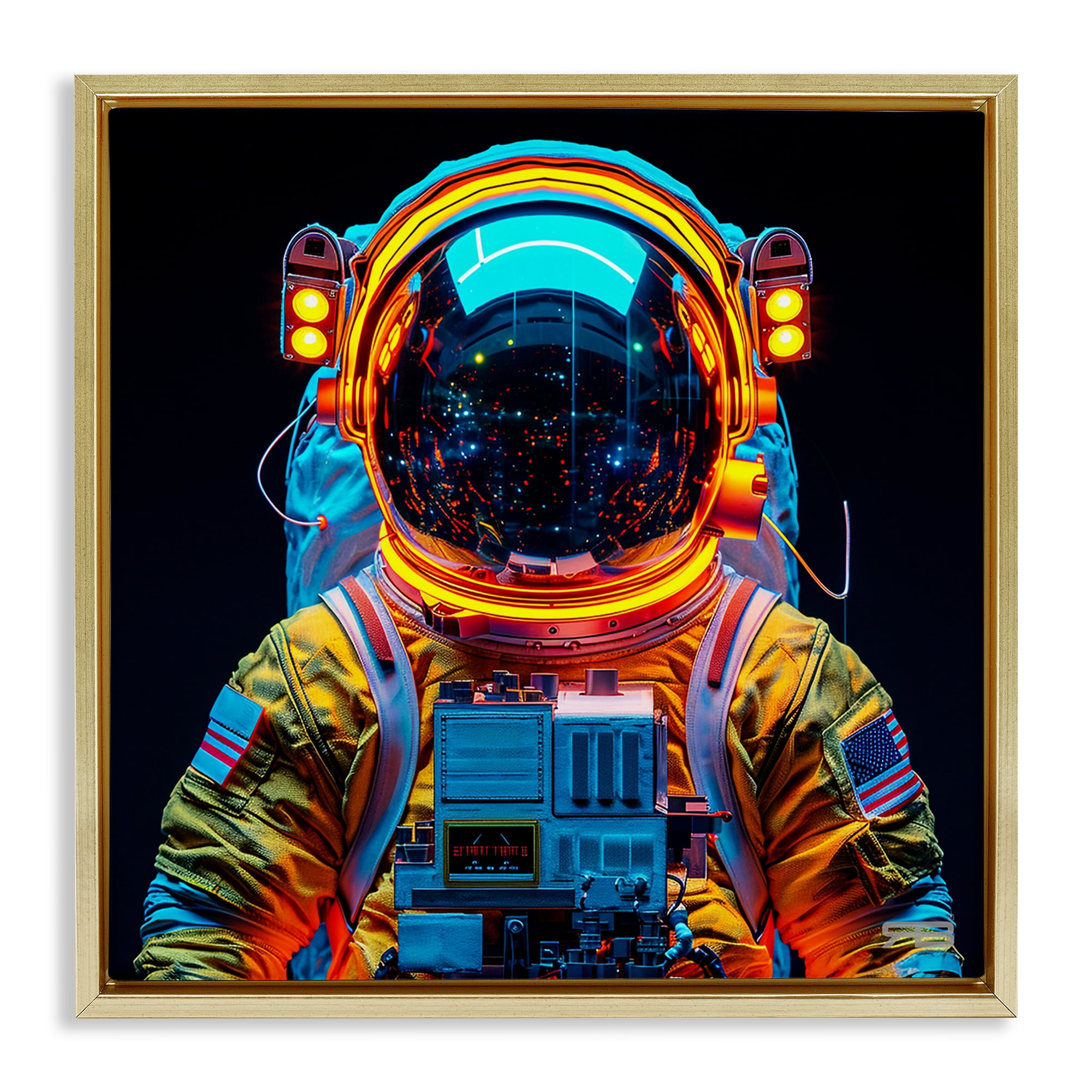 Stupell Industries Astronaut with Reflective Helmet Astrology & Stars Painting Gold Floater Framed Canvas Art Print Wall Art, 18 x 18