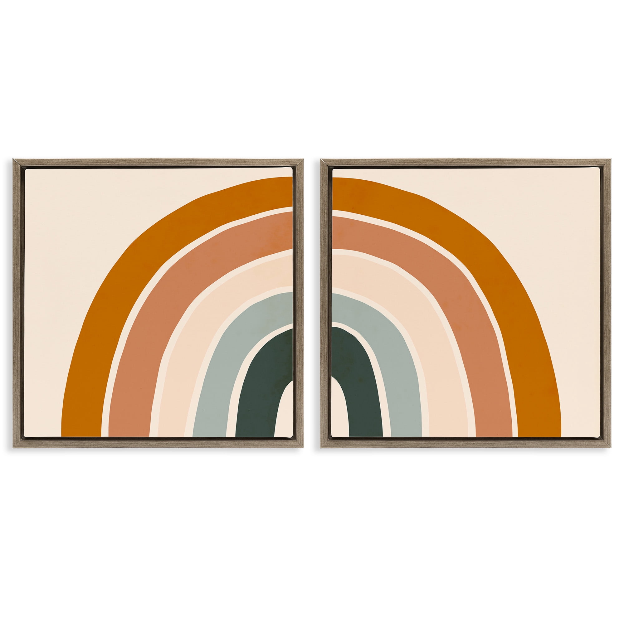 Stupell Industries Asymmetric Warm Retro Rainbow Art for Kids Painting Brown Floater Framed Canvas Art Print Wall Art, 25 x 25, Set of 2