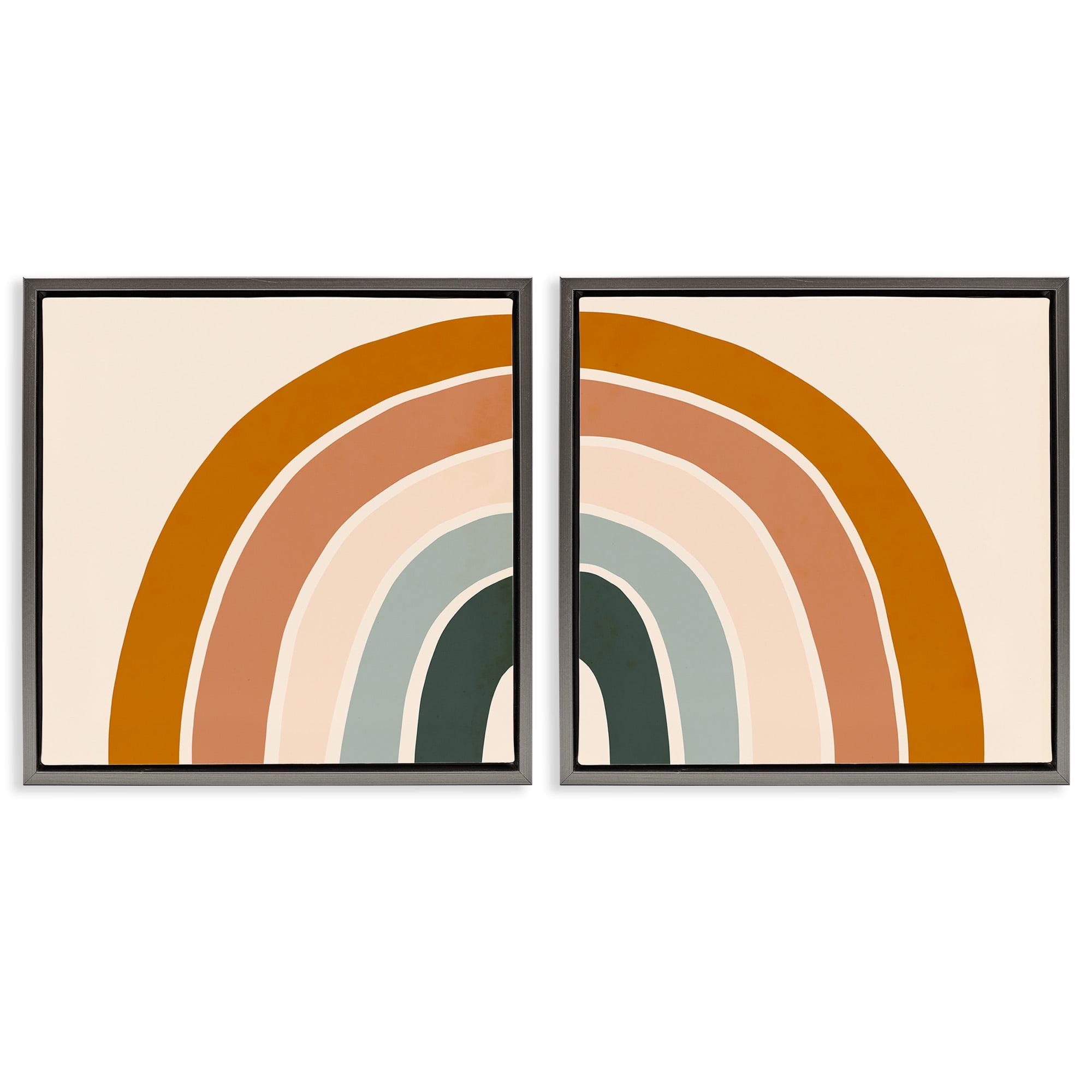 Stupell Industries Asymmetric Warm Retro Rainbow Art for Kids Painting Gray Floater Framed Canvas Art Print Wall Art, 25 x 25, Set of 2