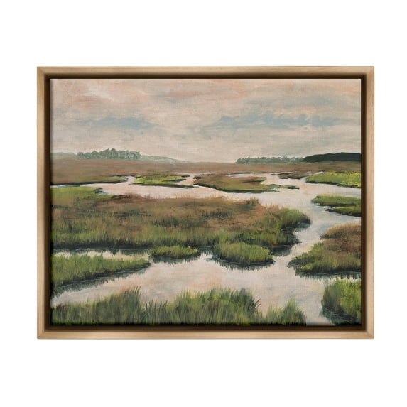 Stupell Industries Asymmetrical Stream Nature Landscape Painting Brown Floater Framed Canvas Art Print Wall Art, 21 x 17