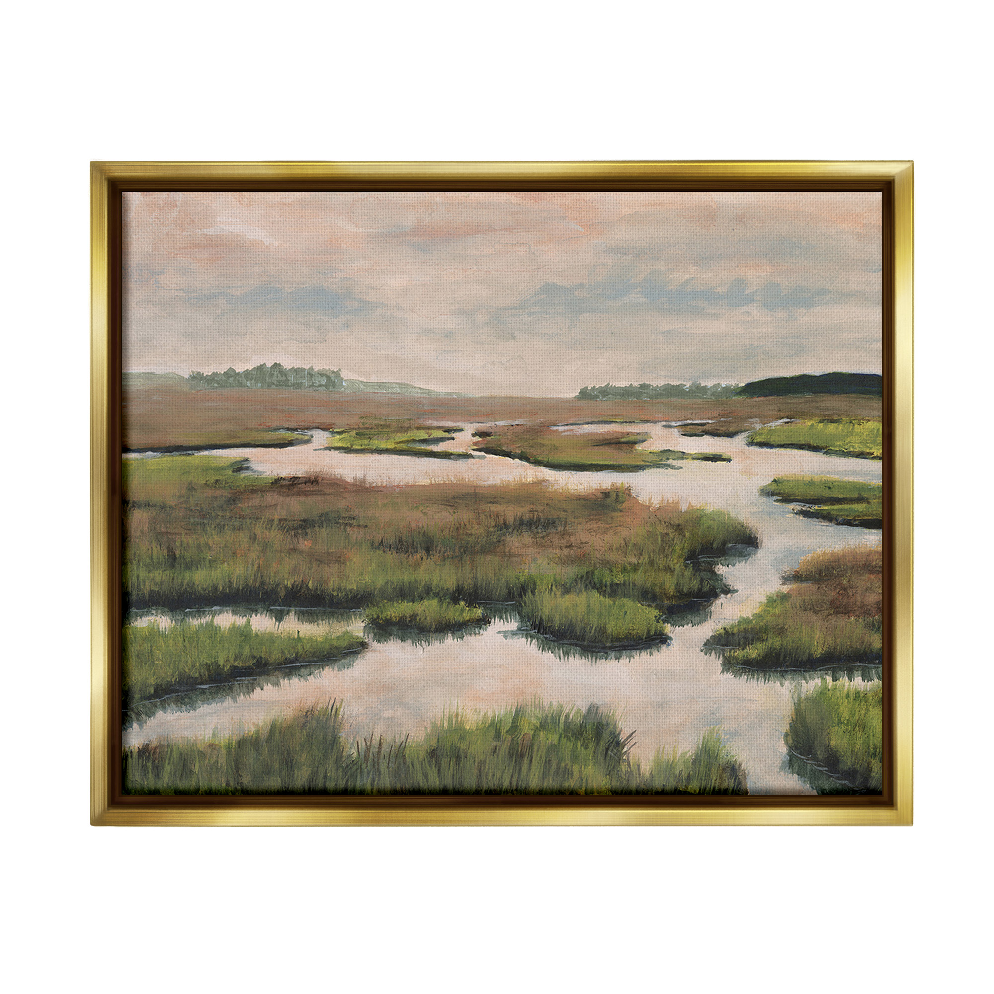 Stupell Industries Asymmetrical Stream Nature Landscape Painting Gold Floater Framed Canvas Art Print Wall Art, 21 x 17