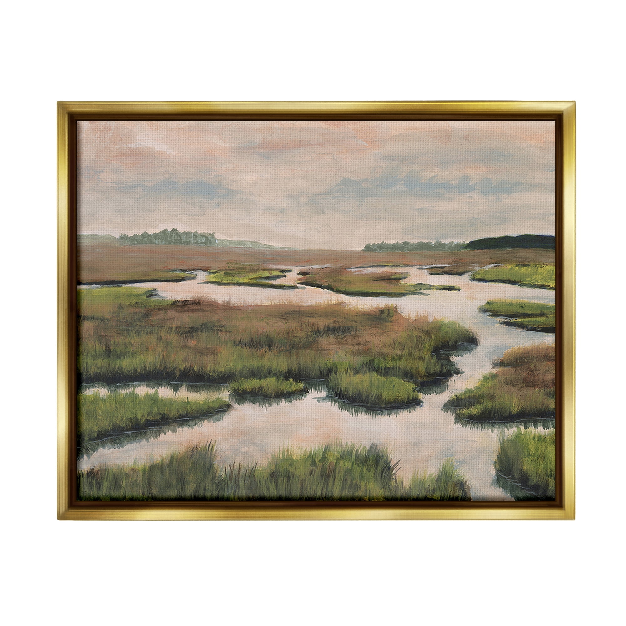 Stupell Industries Asymmetrical Stream Nature Landscape Painting Gold Floater Framed Canvas Art Print Wall Art, 31 x 25