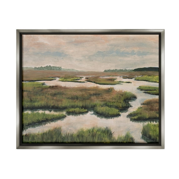 Stupell Industries Asymmetrical Stream Nature Landscape Painting Gray Floater Framed Canvas Art Print Wall Art, 21 x 17
