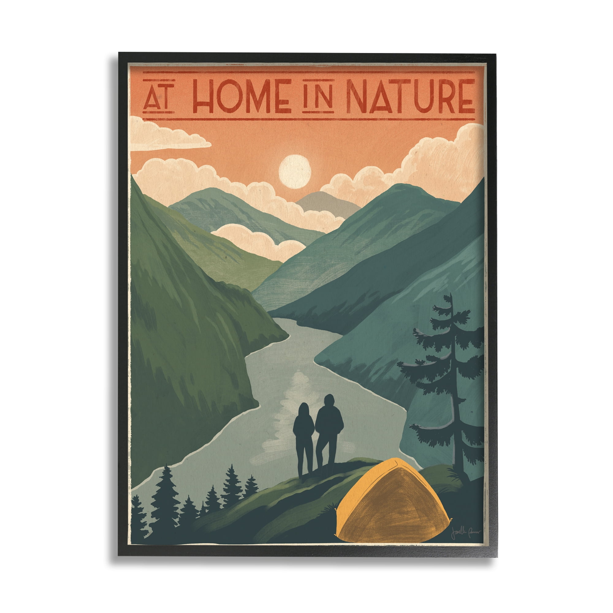 Stupell Industries At Home In Nature Phrase Camping Tent Mountains Inspirational Painting Black Framed Art Print Wall Art, 16 x 20