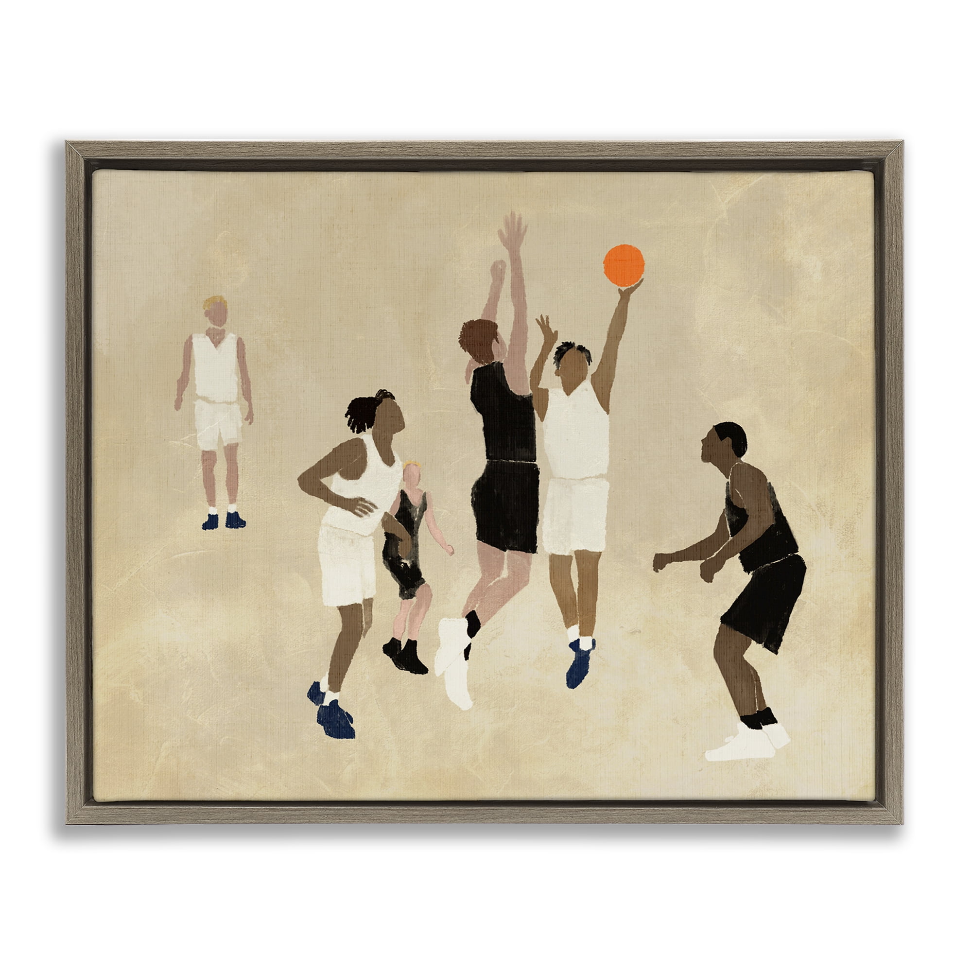 Stupell Industries Athletes Playing Basketball Sports Painting Brown Floater Framed Canvas Art Print Wall Art, 31 x 25