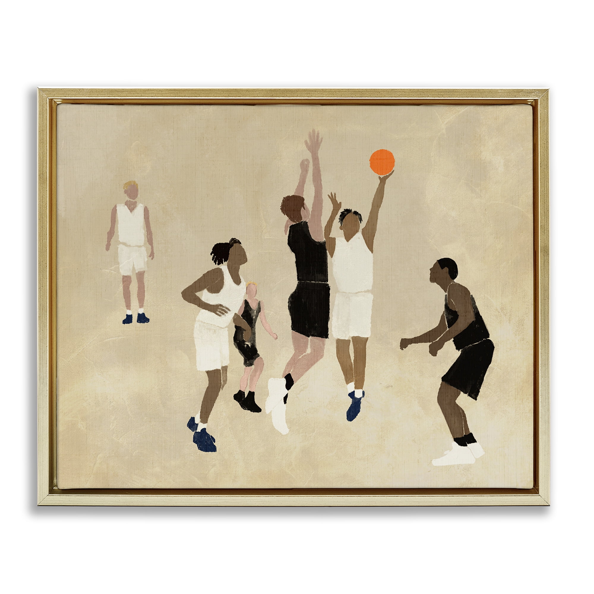 Stupell Industries Athletes Playing Basketball Sports Painting Gold Floater Framed Canvas Art Print Wall Art, 31 x 25