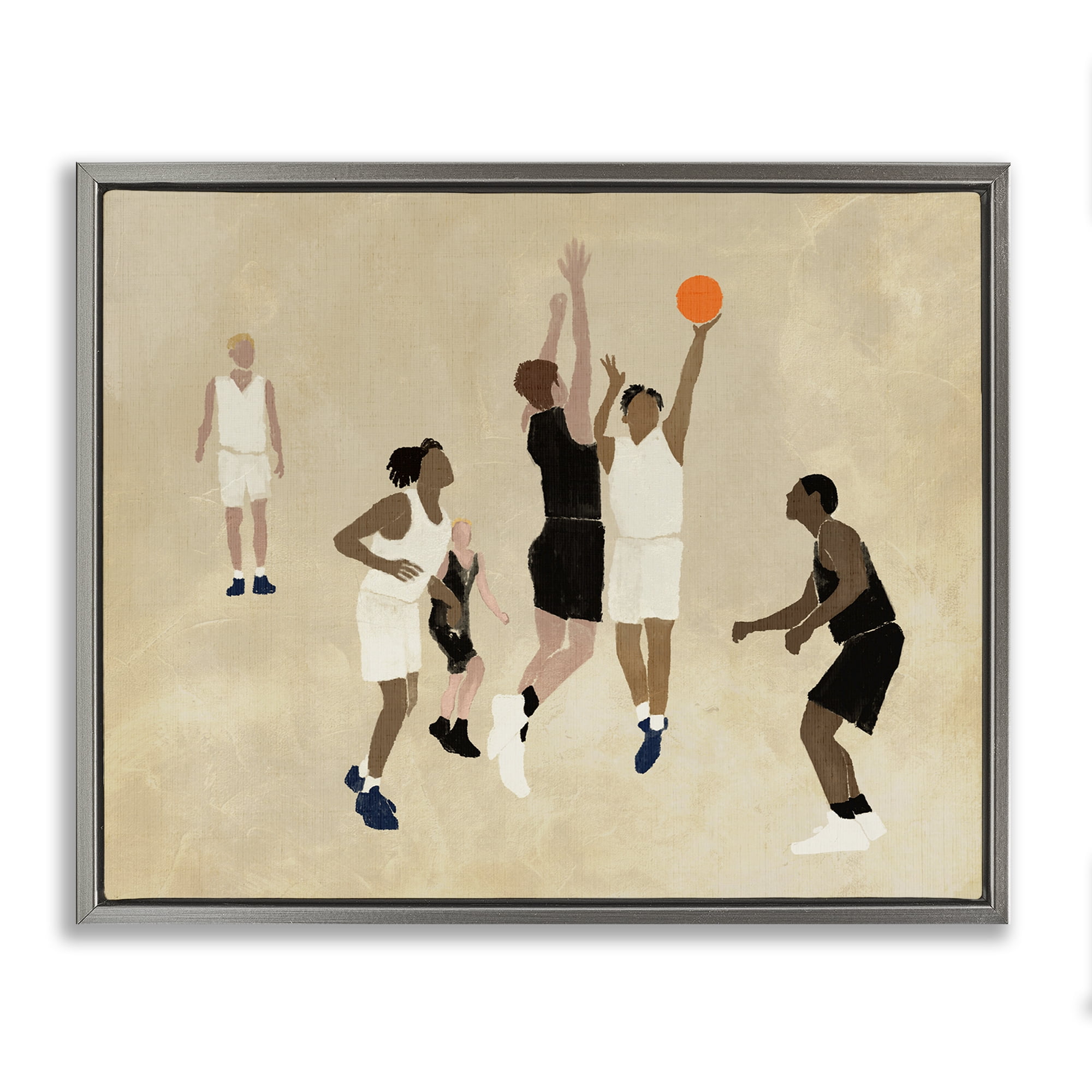 Stupell Industries Athletes Playing Basketball Sports Painting Gray Floater Framed Canvas Art Print Wall Art, 31 x 25