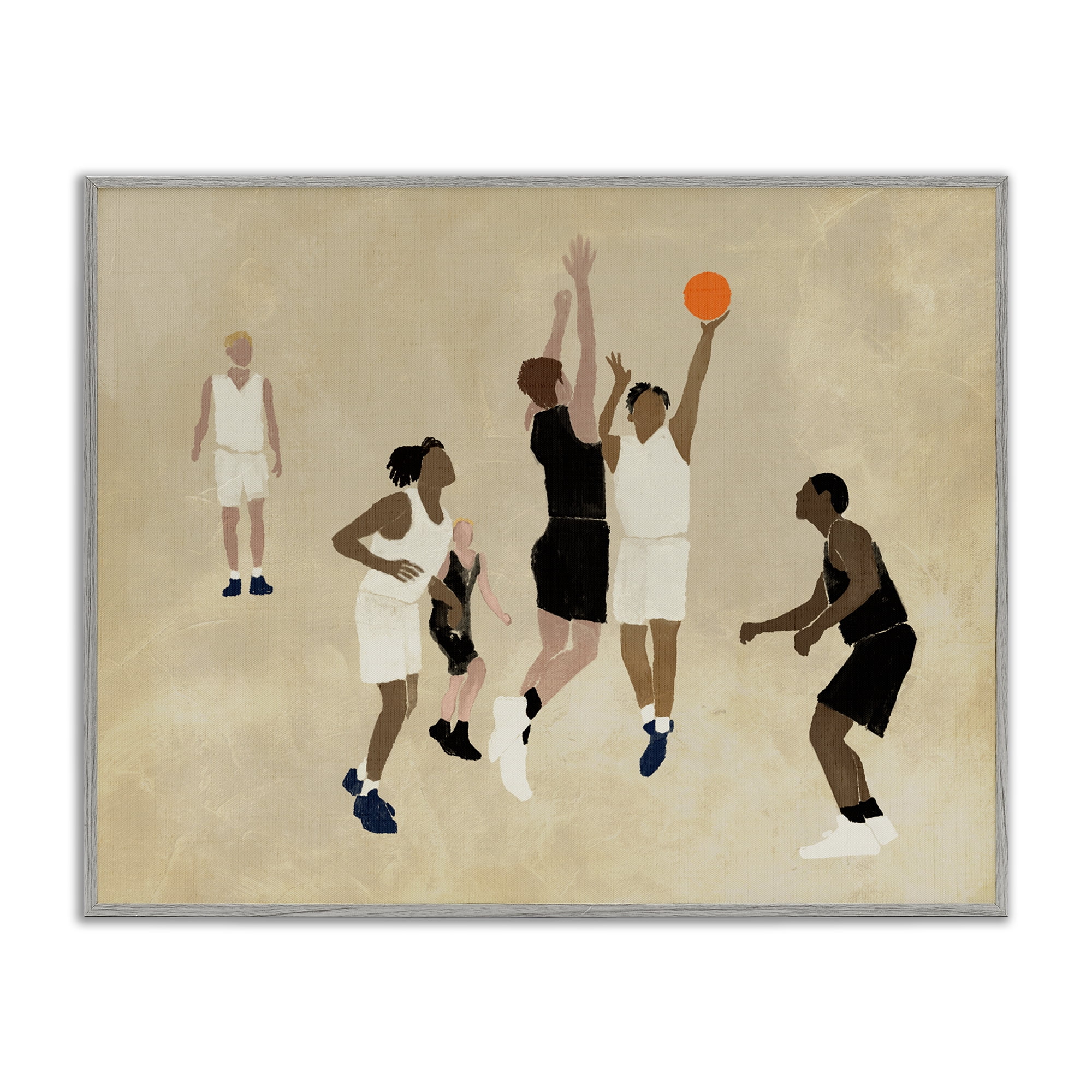 Stupell Industries Athletes Playing Basketball Sports Painting Gray Framed Art Print Wall Art, 20 x 16