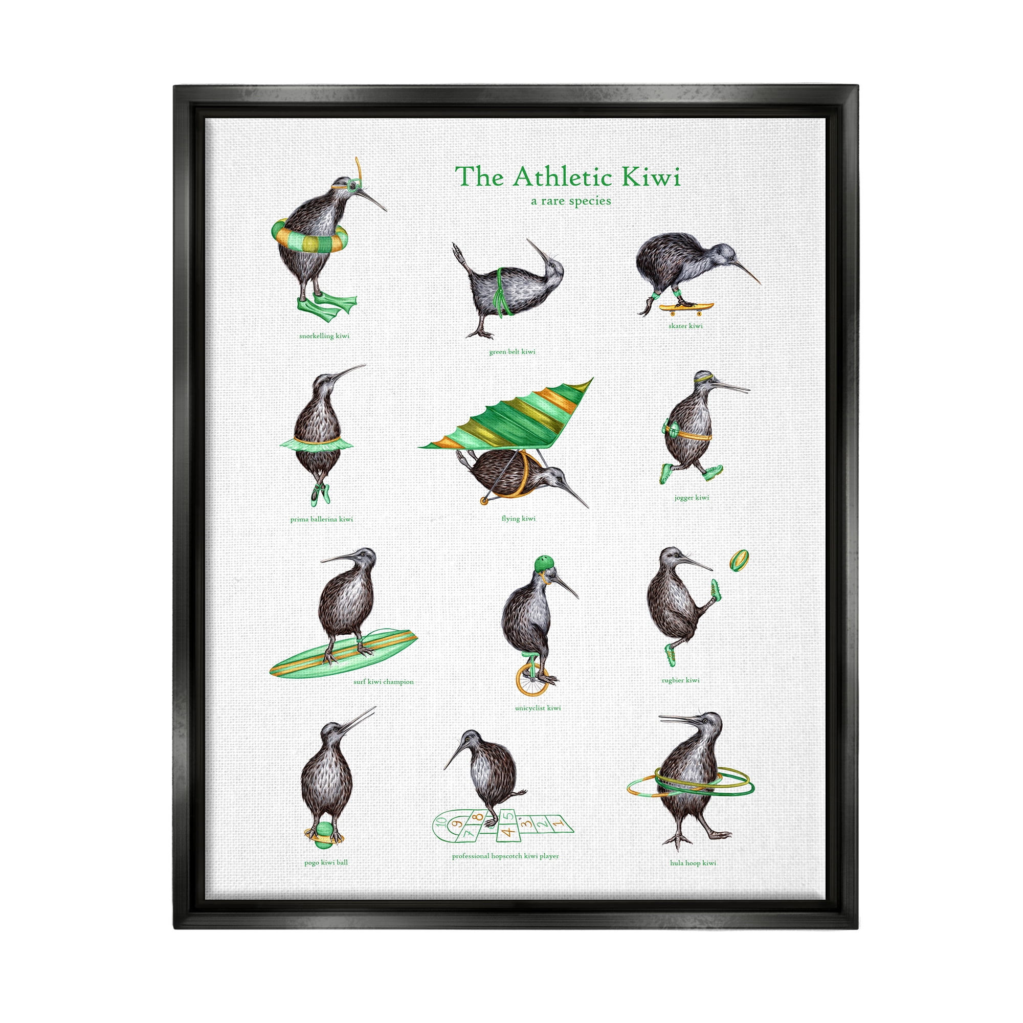 Stupell Industries Athletic Kiwi Various Exercises Bird Drawings Chart Graphic Art Jet Black Floating Framed Canvas Print Wall Art, Design by Amelie Legault