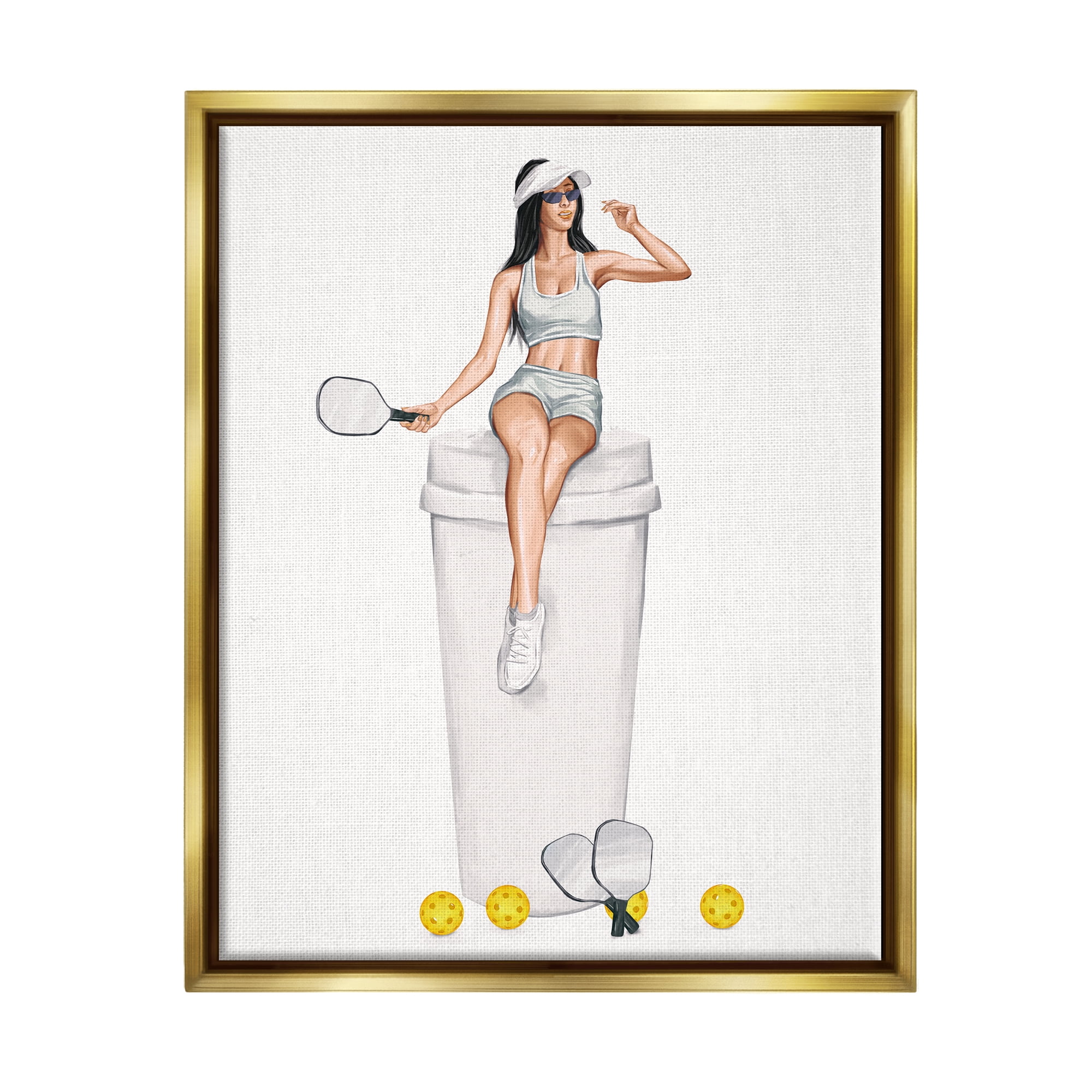 Stupell Industries Athletic Tennis Girl Coffee Cup Beauty & Fashion Painting Gold Floater Framed Art Print Wall Art