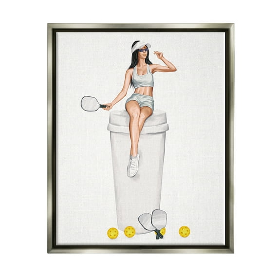 Stupell Industries Athletic Tennis Girl Coffee Cup Beauty & Fashion Painting Gray Floater Framed Art Print Wall Art