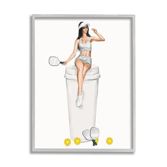 Stupell Industries Athletic Tennis Girl Coffee Cup Beauty & Fashion Painting Gray Framed Art Print Wall Art