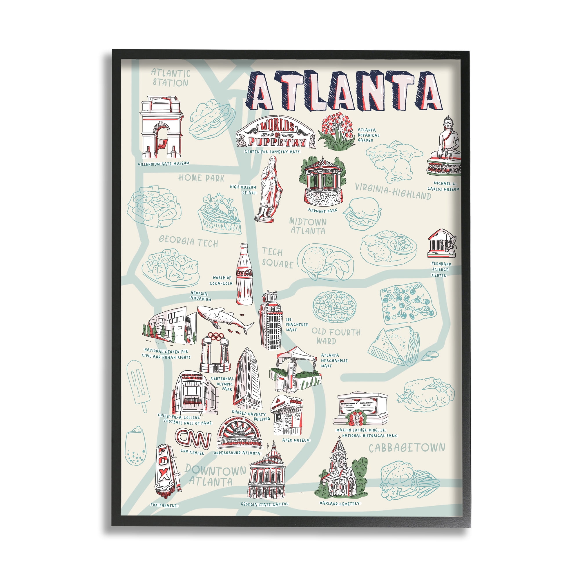 Stupell Industries Atlanta Georgia Destination Map City Landmarks Black Framed by Ziwei Li