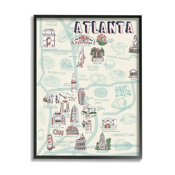 Stupell Industries Atlanta Georgia Destination Map City Landmarks Black Framed by Ziwei Li