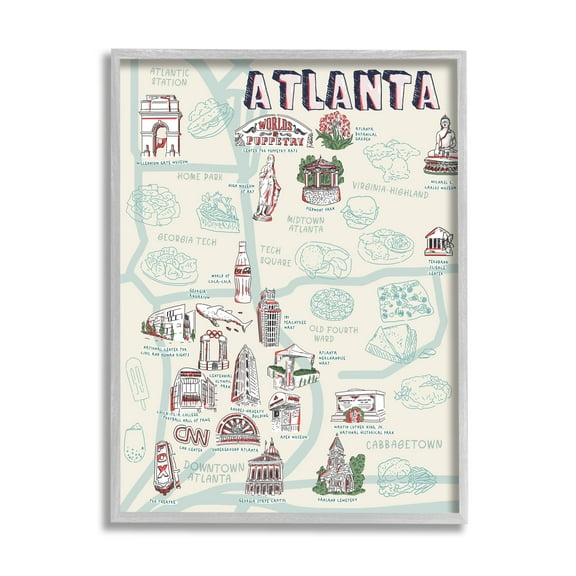Stupell Industries Atlanta Georgia Destination Map City Landmarks Gray Framed by Ziwei Li