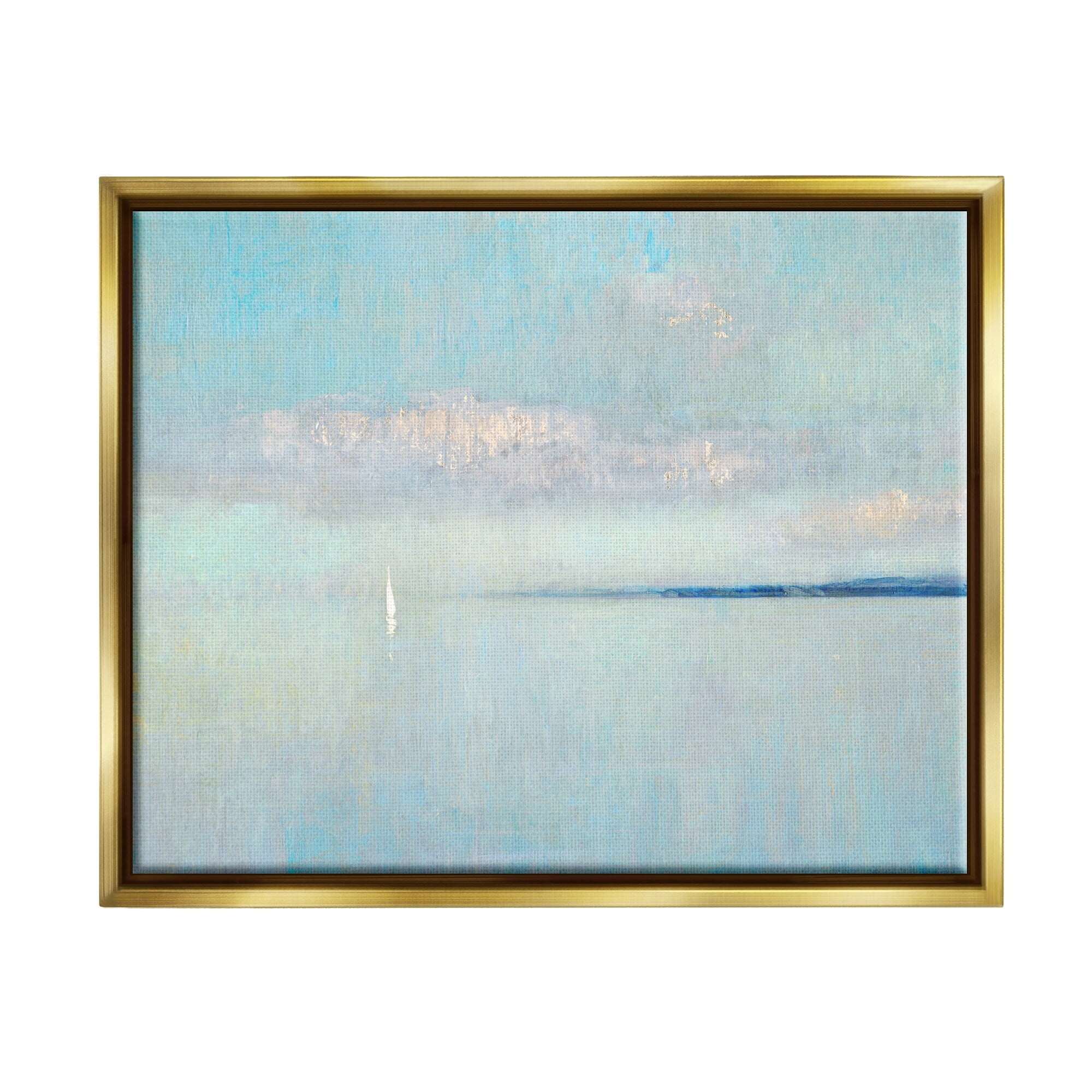 Stupell Industries Atmospheric Cloudy Ocean Scenery Lone Sailboat Floating Painting Metallic Gold Floating Framed Canvas Print Wall Art, Design by Katie Swatland