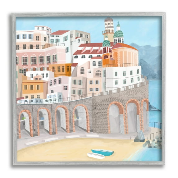 Stupell Industries Atrani Architecture Seaside Italian City Buildings Travel & Places Painting Gray Framed Art Print Wall Art, 12 x 12