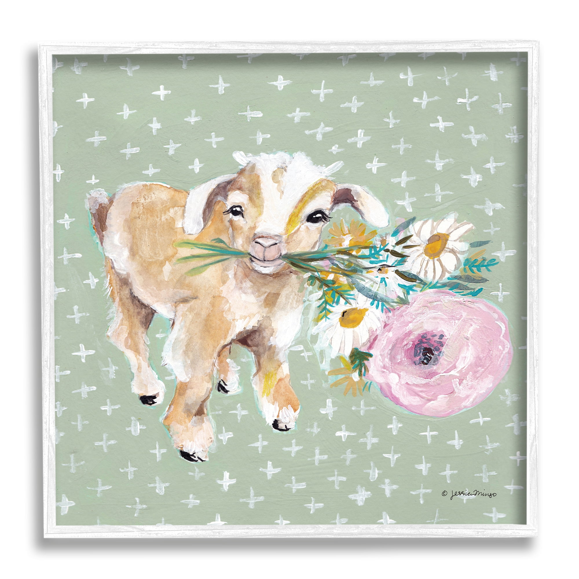 Stupell Industries Attentive Buckling Goat Offering Flowers Studded Backdrop,12 x 12, Design by Jessica Mingo