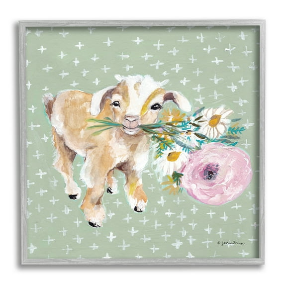 Stupell Industries Attentive Buckling Goat Offering Flowers Studded Backdrop,12 x 12, Design by Jessica Mingo