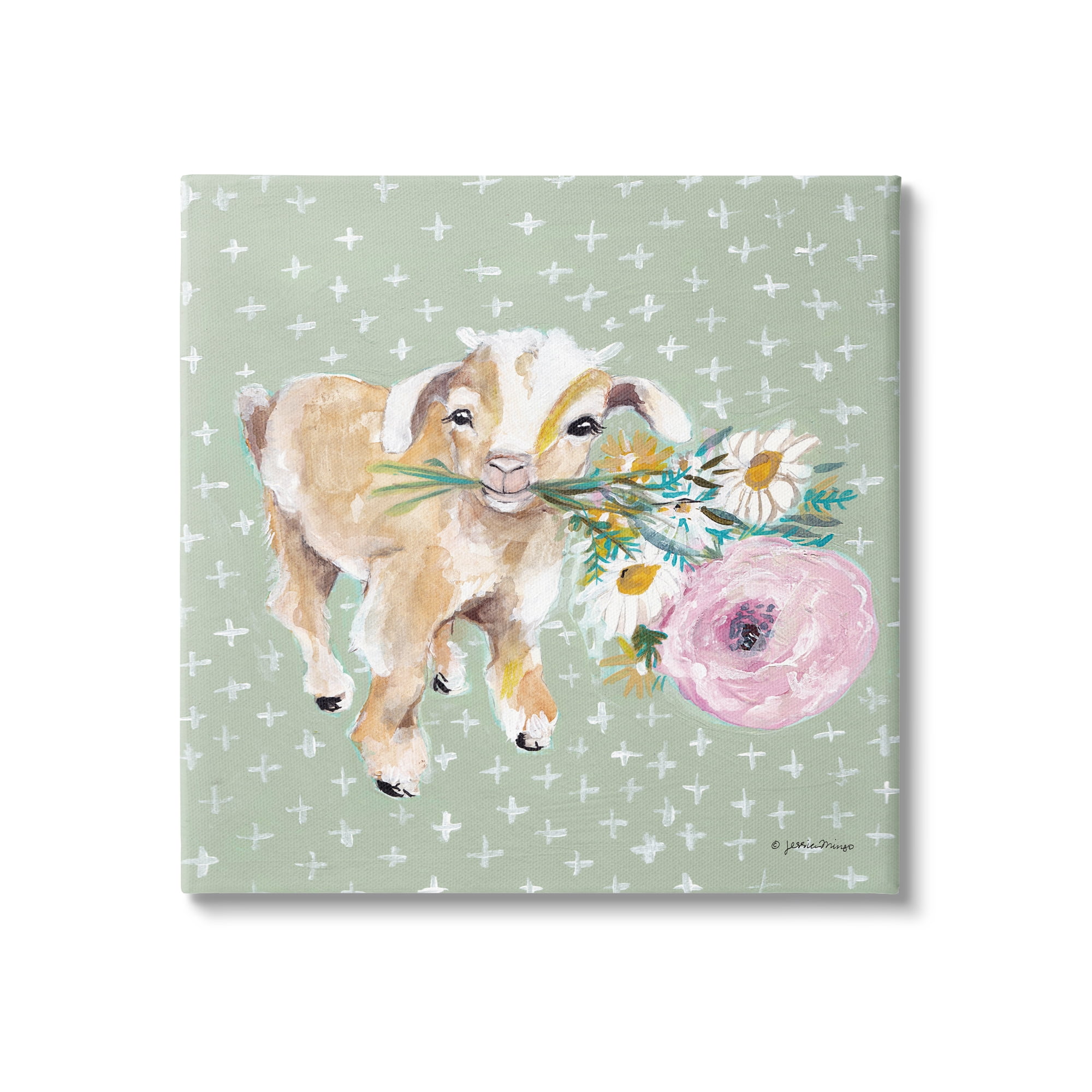 Attentive Goat with Flowers Canvas Wall Art, 17 x 17