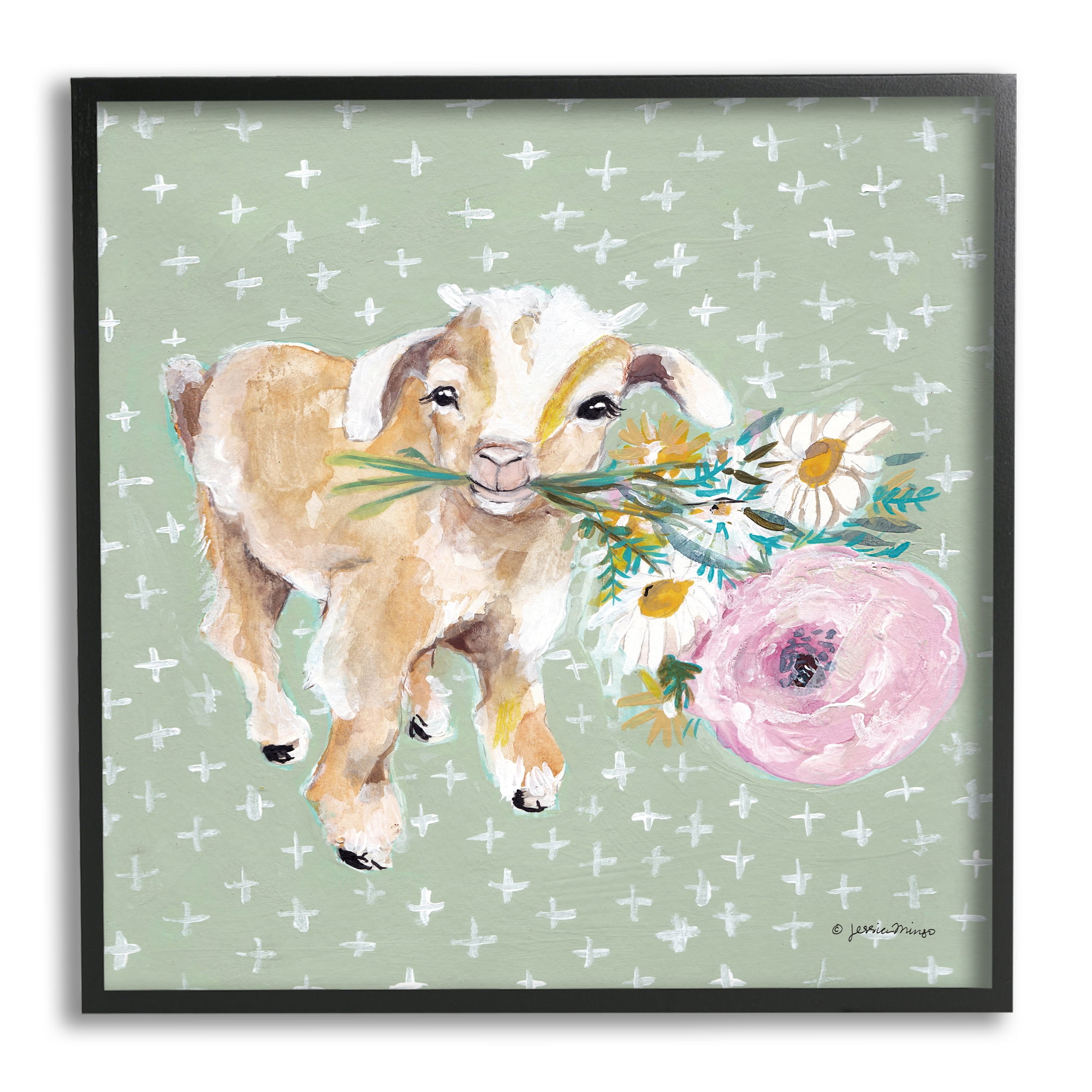 Stupell Industries Attentive Buckling Goat Offering Flowers Studded Backdrop,17 x 30, Design by Jessica Mingo
