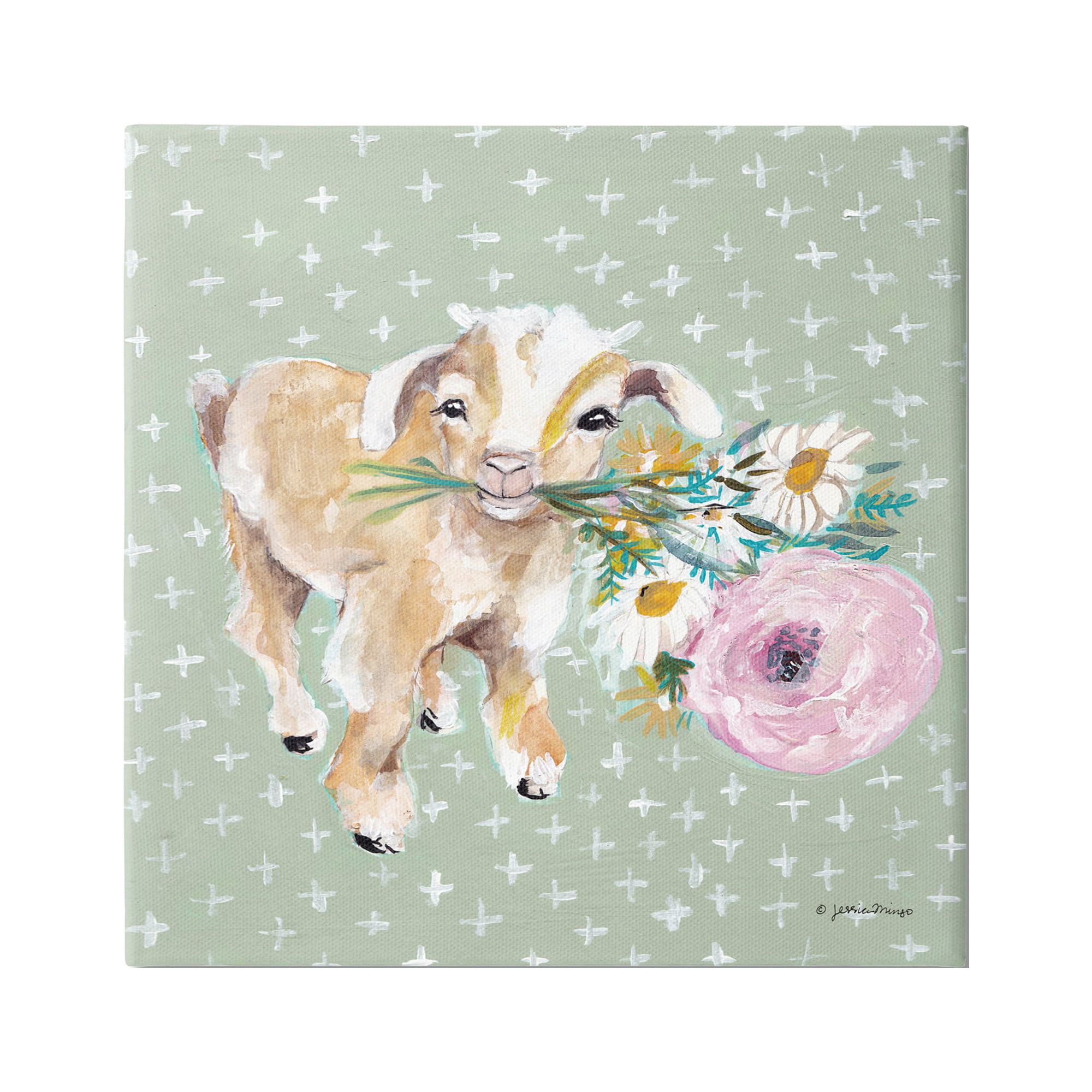 Stupell Industries Attentive Buckling Goat Offering Flowers Studded Backdrop,36 x 36, Design by Jessica Mingo