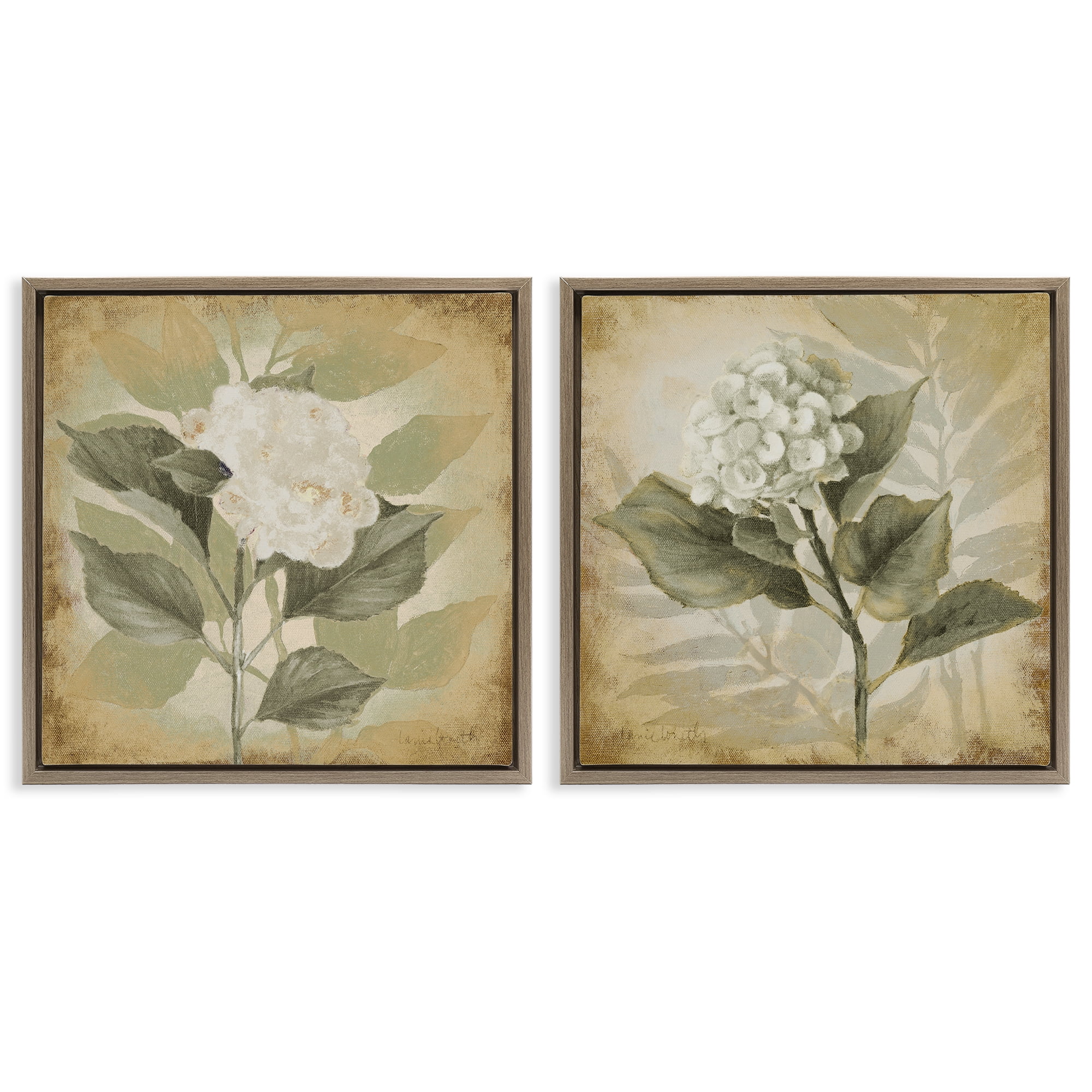 Stupell Industries Aubergine White Hydrangeas Floral & Botanical Painting Brown Floater Framed Canvas Art Print Wall Art, 18 x 18, Set of 2