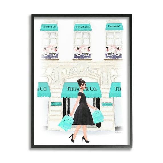 Stupell Industries Audrey with Blue Shopping Bags Urban City Architecture Glam Painting Black Framed Art Print Wall Art, 11 x 14, Design by Amanda Greenwood
