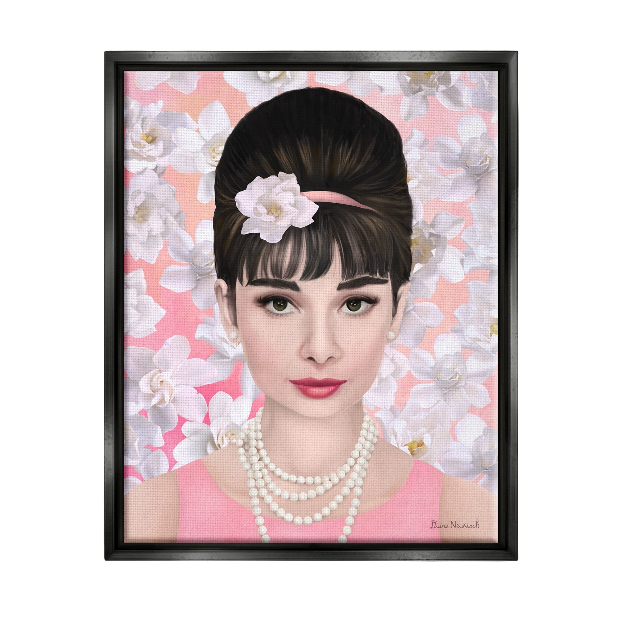 Stupell Industries Audrey Hepburn Polished Fashion Accessories Floral Pattern Graphic Art Jet Black Floating Framed Canvas Print Wall Art, Design by Diane Neukirch