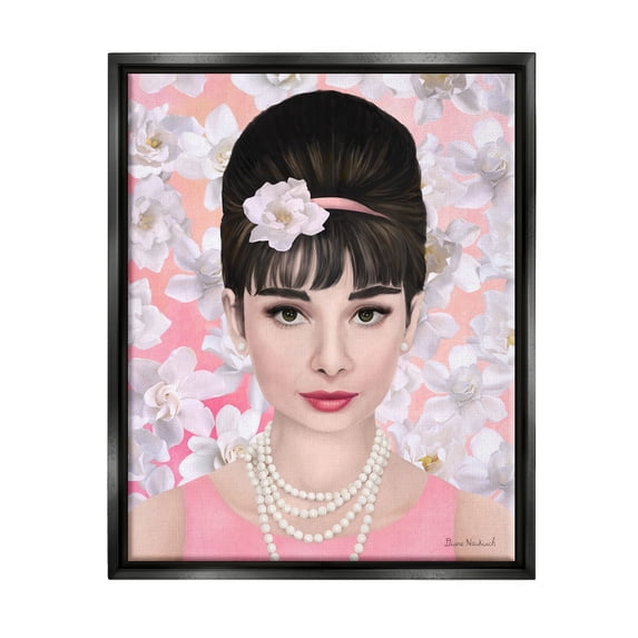Stupell Industries Audrey Hepburn Polished Fashion Accessories Floral Pattern Graphic Art Jet Black Floating Framed Canvas Print Wall Art, Design by Diane Neukirch
