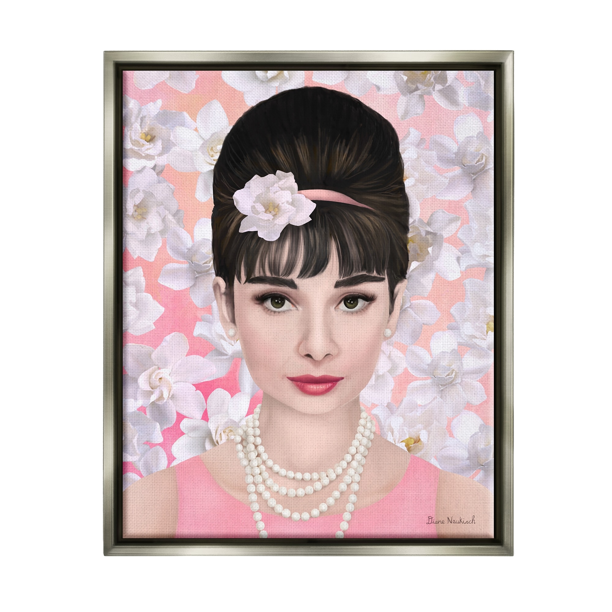 Stupell Industries Audrey Hepburn Polished Fashion Accessories Floral Pattern Graphic Art Luster Gray Floating Framed Canvas Print Wall Art, Design by Diane Neukirch